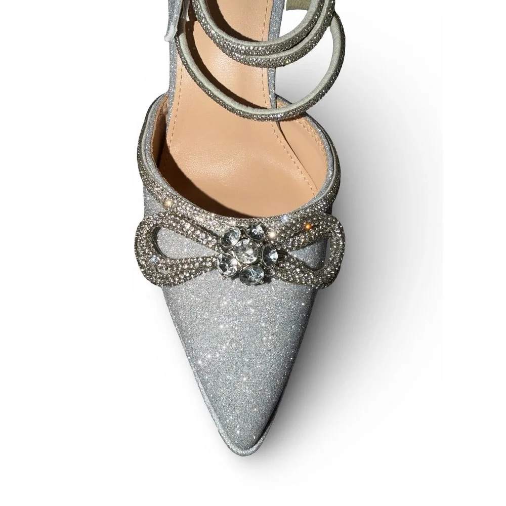 Silver Glitter Double Bow Platform Pumps Ankle Strap Heels 5.5 Wedding